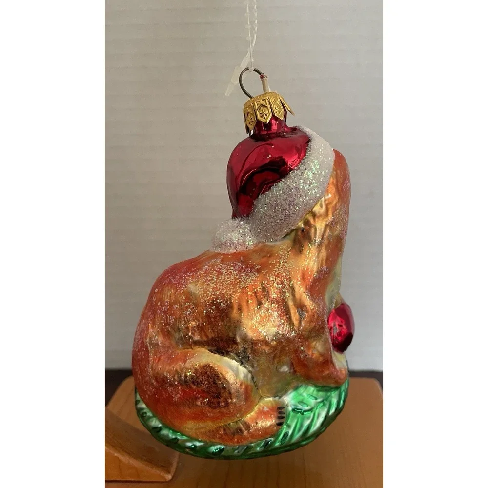Vtg Christopher Radko Christmas Ornament Tabby Santa Hat Cat Green Bed Cat Lover